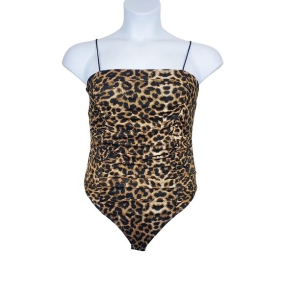 Popular 21 Womens Sleeveless Ruched Mesh Leopard Animal Print Bodysuit Size L - Picture 1 of 6